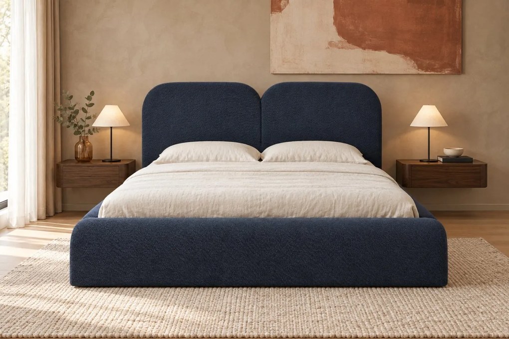 Pat tapițat Elara 140×200 cm, bleumarin, cu ladă de depozitare
