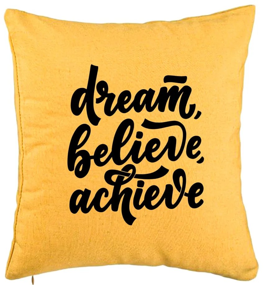 Perna Decorativa, Model Dream Believe Achieve, 40x40 cm, Galben, Husa Detasabila, Burduf