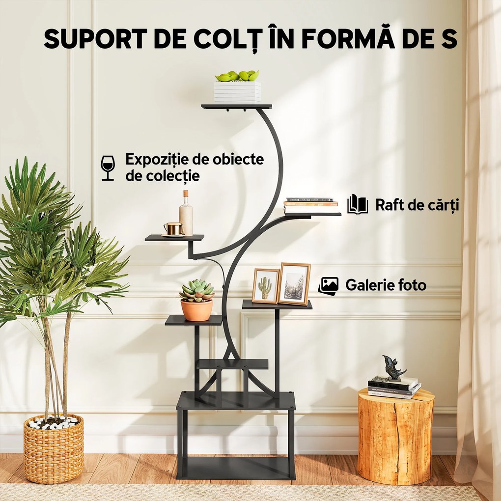 Outsunny Suport pentru Plante cu 8 Rafturi în Formă de S, Suport Ghivece Metalic pentru Interior și Exterior, pentru Grădină, Balcon, Terasă, Cameră de Zi, 74x26x158,5 cm, Negru | Aosom Romania