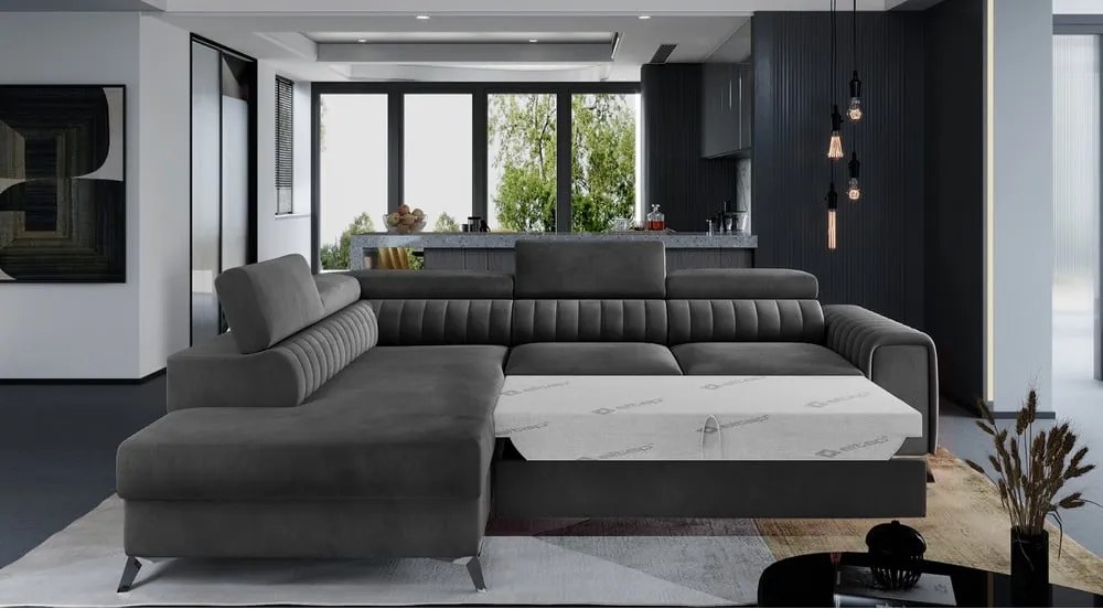 Colțar gri închis extensibil/cu spațiu de depozitare cu tapițerie din catifea (cu colț pe partea stângă/în formă de ”L”) Laurence – ELTAP