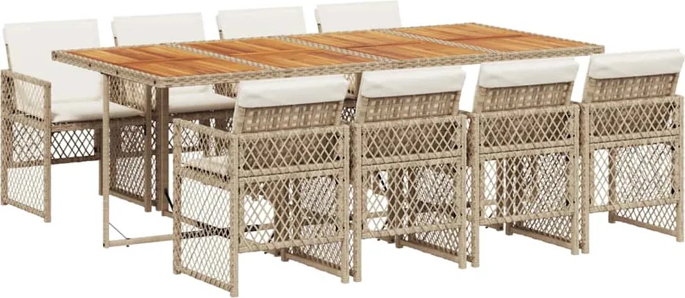 vidaXL Set de masă pentru grădină, 9 piese, cu perne, bej, poliratan