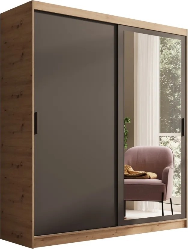 Dulap cu usi glisante si oglinda, 180x60x205 cm, Hailey 180, ADRK Furniture (Culoare: Artisan / Negru)