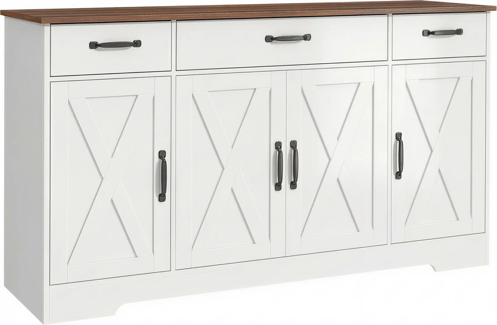 HOMCOM Bufet, mobilier de depozitare pentru bucătărie în stil rustic cu 4 uși tip hambar, 3 sertare, etajere reglabile, alb | Aosom Romania