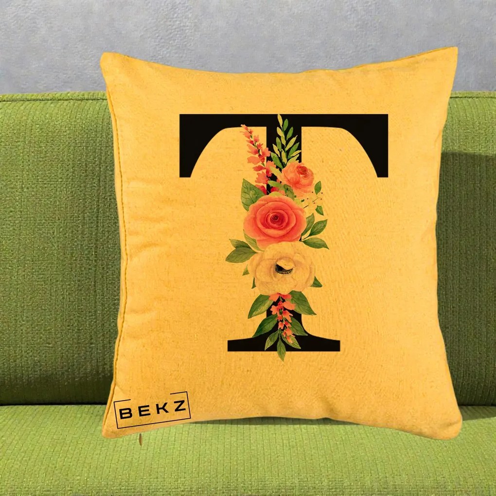 Cadou Personalizat - Perna Personalizata Monograma Florala Litera T, 40x40 cm, Galben, Husa Detasabila, Perna Inclusa, BEKZ®