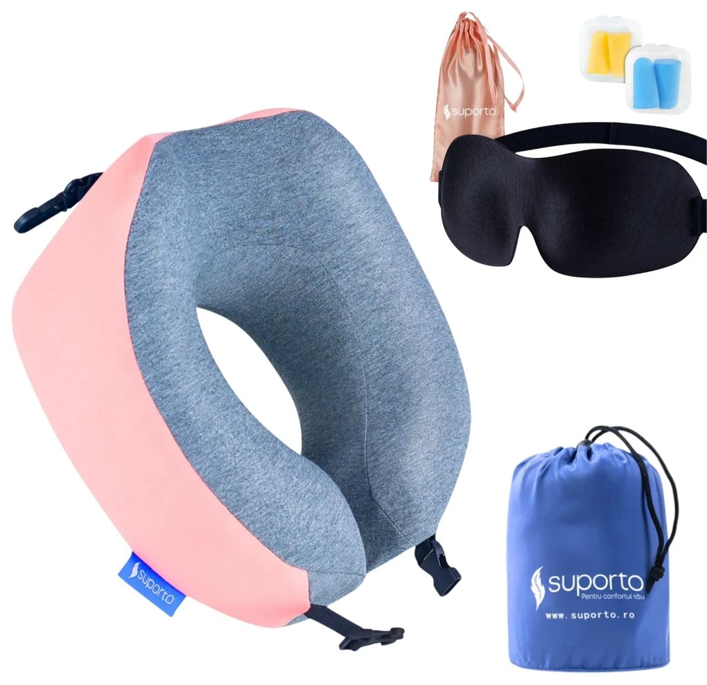 Set Perna de calatorie Suporto Travel Companion. Perna voiaj din spuma cu memorie, Roz + Masca de dormit Suporto 3D cu saculet Roz Peach, Pachet