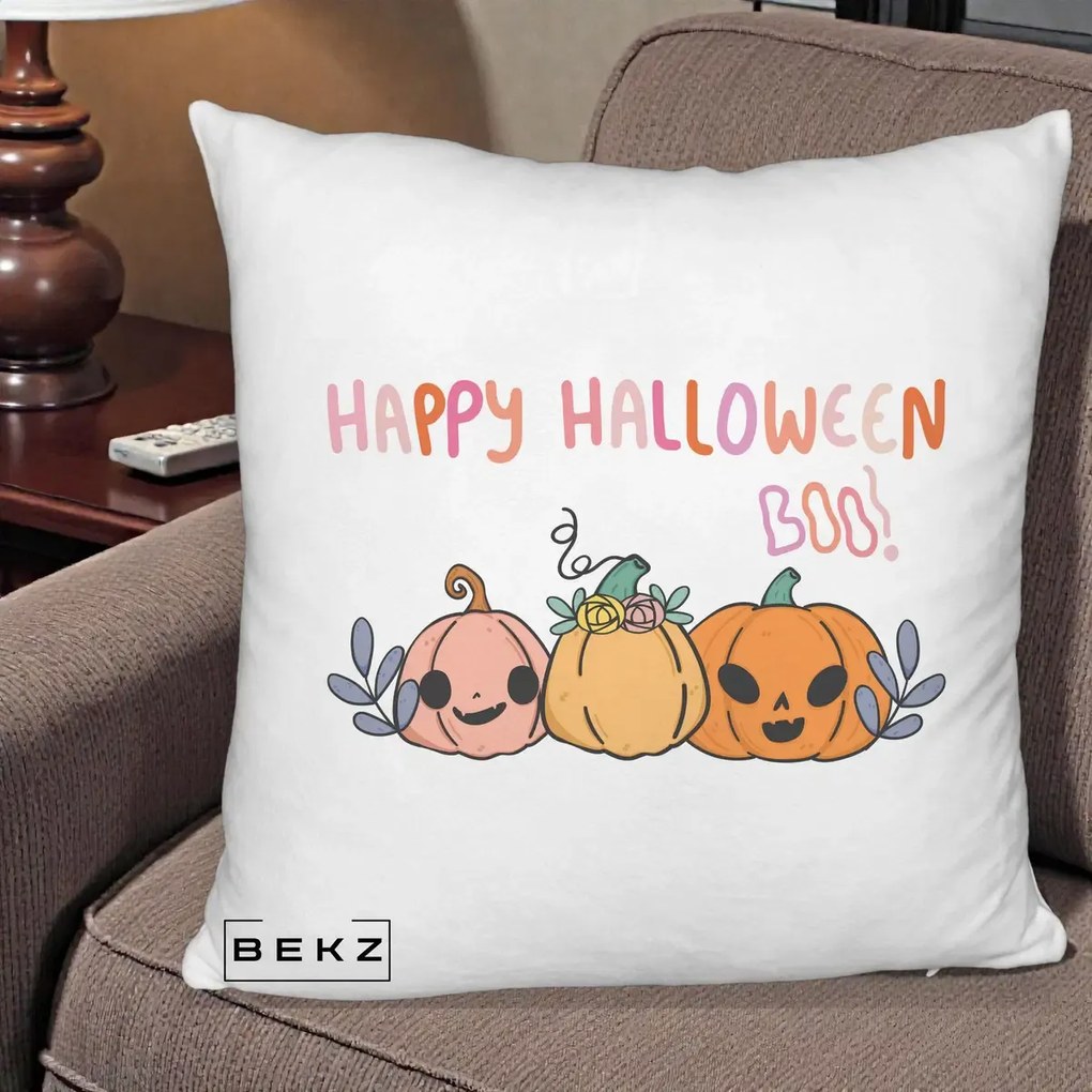 Perna Decorativa Happy Halloween Boo Trei Dovlecei Kawaii, 40x40 cm, Alb Pufos, Husa Detasabila, Perna Inclusa, BEKZ®