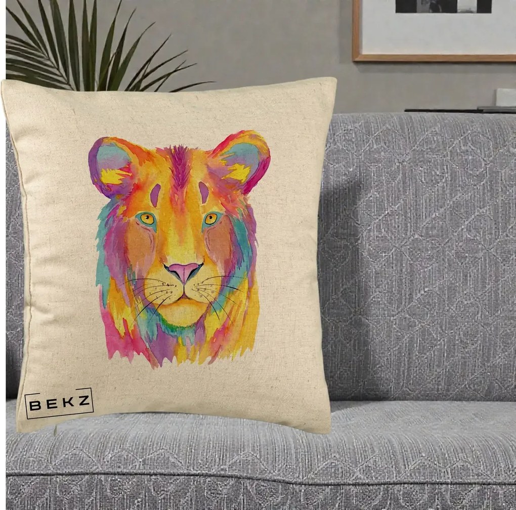 Perna Decorativa Leu Acuarela Curcubeu, 40x40 cm, Bej, Husa Detasabila, Perna Inclusa, BEKZ®
