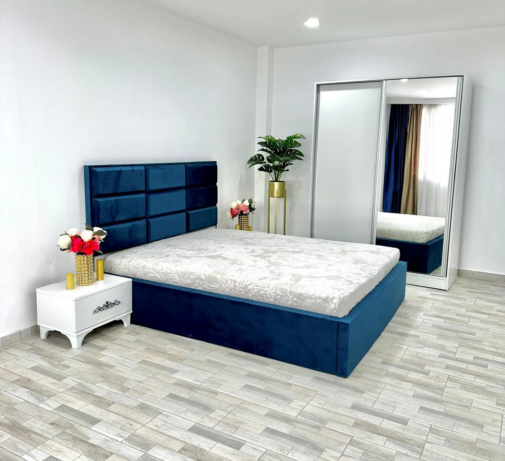 Dormitor Roma, culoare albastru / alb, cu pat Roma 160 x 200 cm, dressing Erika si 2 noptiere Viena