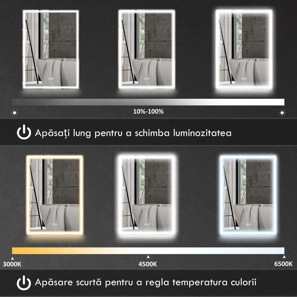 HOMCOM Dulap cu Oglindă pentru Baie cu Lumini LED și Priză pentru Aparat de Ras, Dulap Suspendat cu Funcție Anti-Ceață, Reglare Luminozitate, 3 Culori, Negru | Aosom Romania