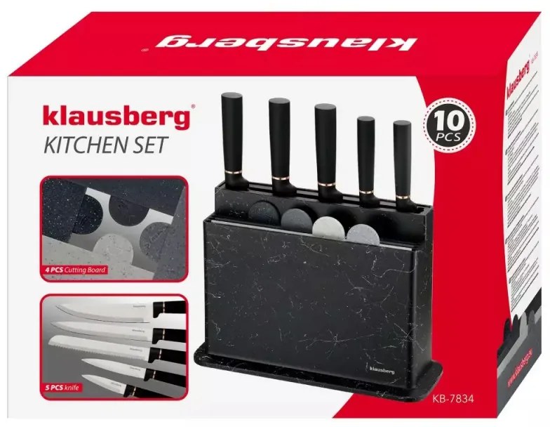 Set cutite, tocatoare si suport Klausberg KB 7834, 10 piese, 5 cutite, 4 tocatoare, Suport, Negru