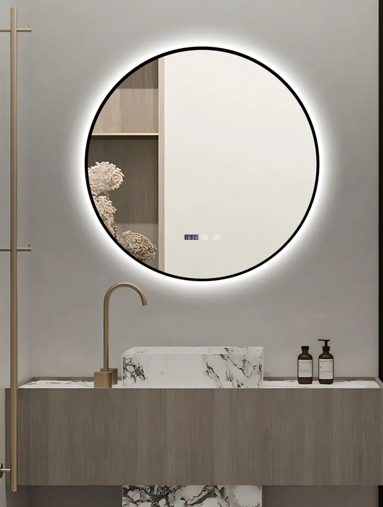 Oglindă LED Touch Premium, Dezaburire, Rama Negra, 3 Tipuri Lumină 70 cm