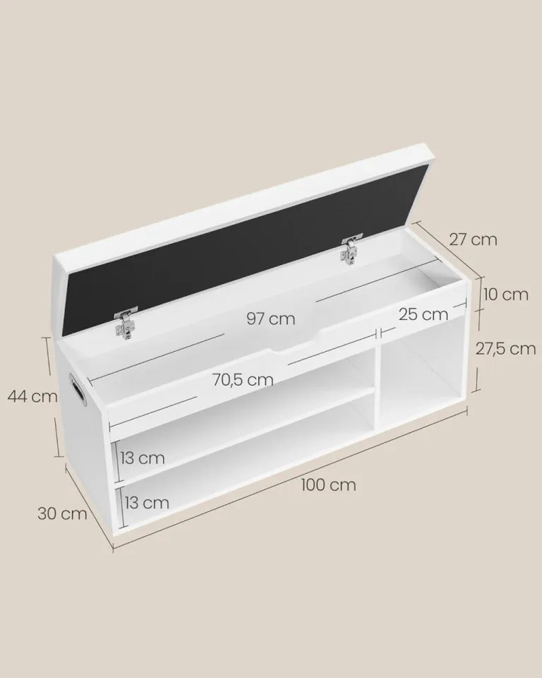 Bancheta versatila, 100 x 30 x 44 cm, PAL melaminat, alb, Vasagle