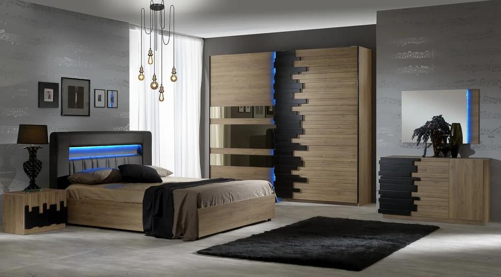 Dormitor Mozart, sonoma/negru, pat 160x200 cm, dulap cu 2 usi culisante, comoda, 2 noptiere