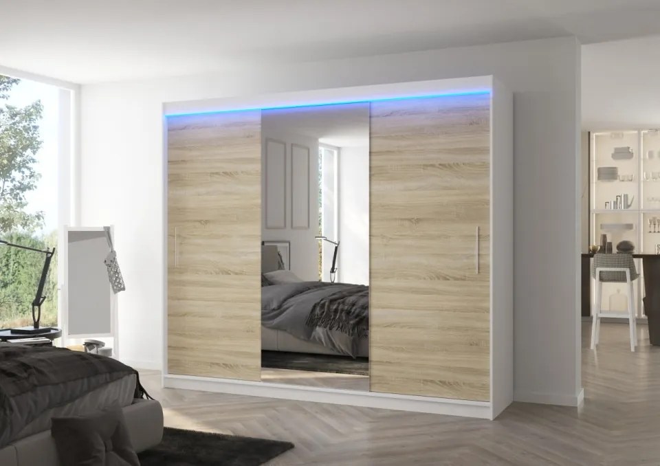 Dulap cu usi glisante si oglinda + iluminare LED, Denis 250 + LED, 250 cmx200 cmx58 cm, ADRK Furniture (Culoare: Alb / Sonoma)