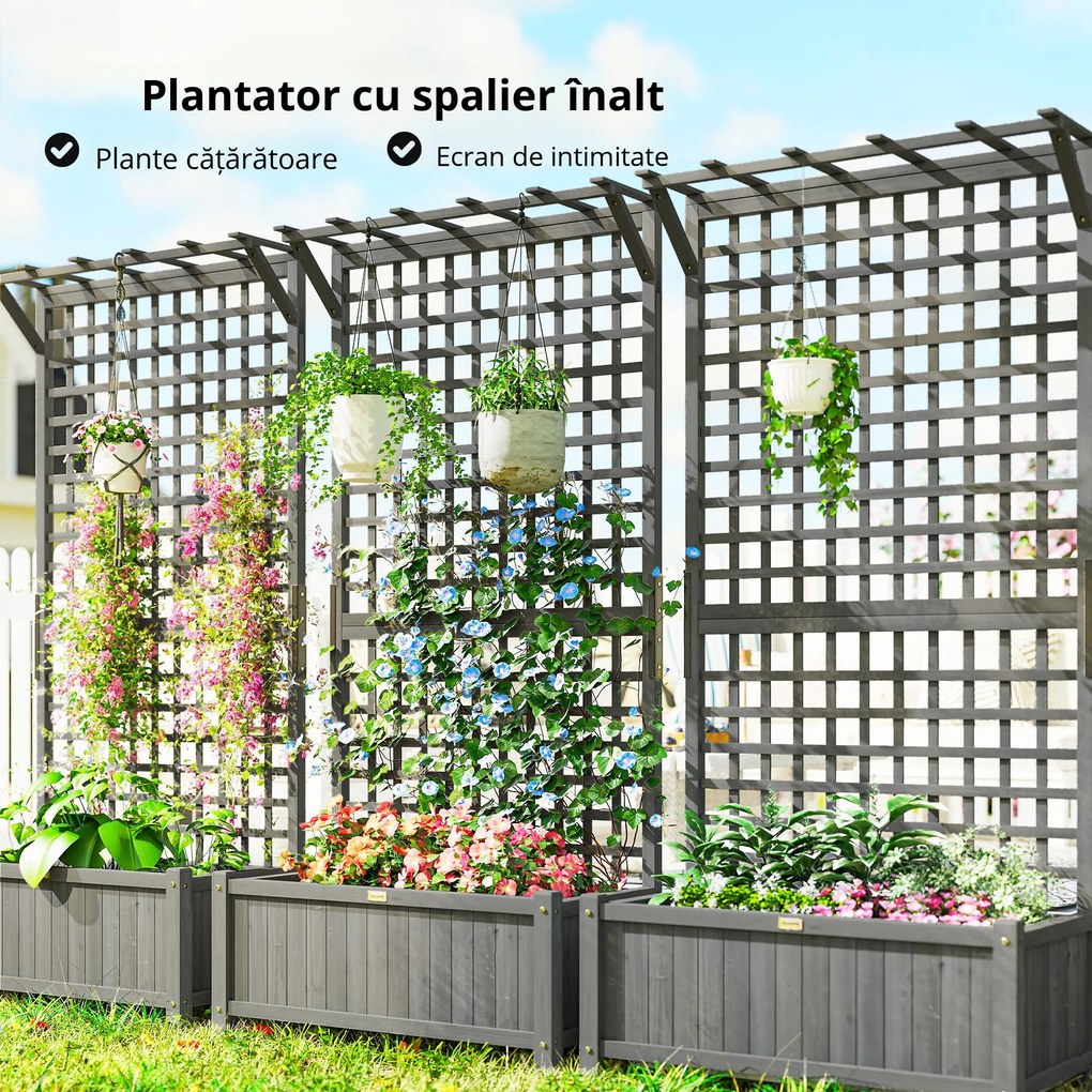 Outsunny Jardinieră înălțată cu spalier și acoperiș, cutie de plantare, pat de flori, rezistent la intemperii, lemn, 90 x 45 x 183 cm, gri închis | Aosom Romania