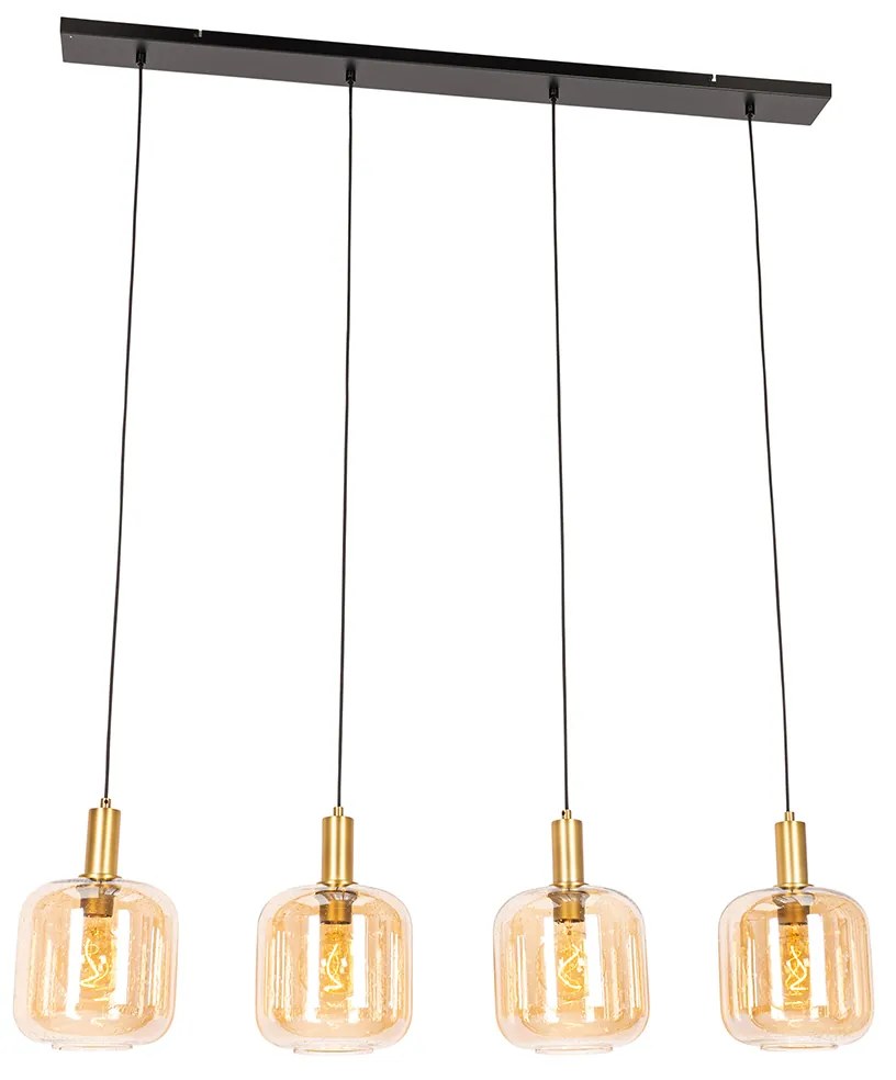 Lampă suspendată de design neagră cu alamă și sticlă chihlimbar cu 4 lumini - Zuzanna