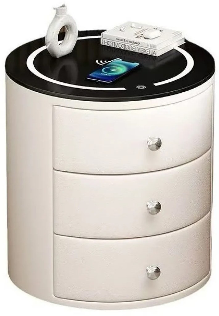 Noptieră inteligentă multifuncțională rotundă, 3 sertare, iluminare LED-uri Touch, încărcare fără fir, încărcare USB, difuzor Bluetooth, sticlă securizată, Alb