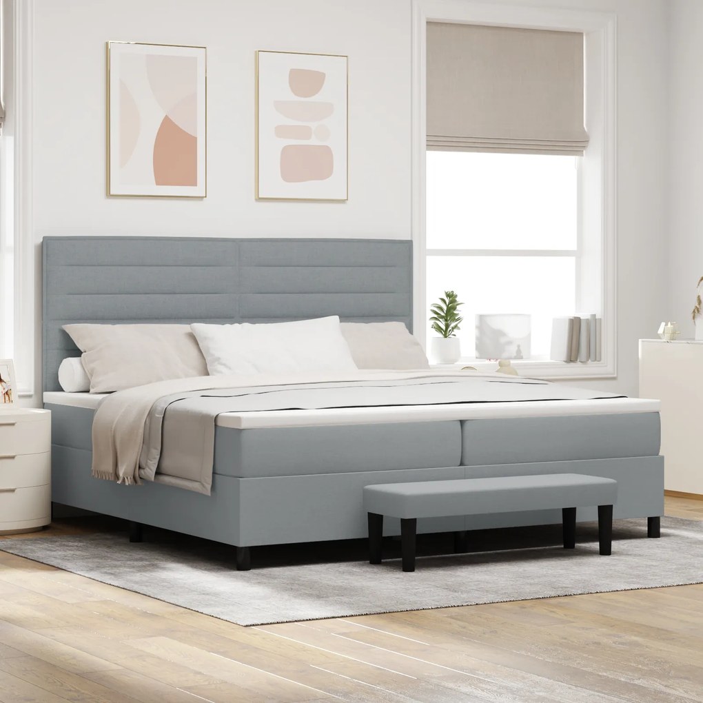 vidaXL Pat Box Spring cu saltea și bancă Gri Deschis 200x200 cm Țesătură