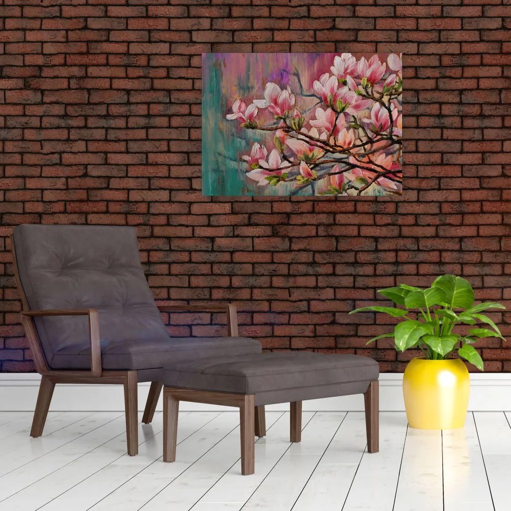 Tablou pe sticlă - Pictură în ulei, Sakura în floare (70x50 cm)
