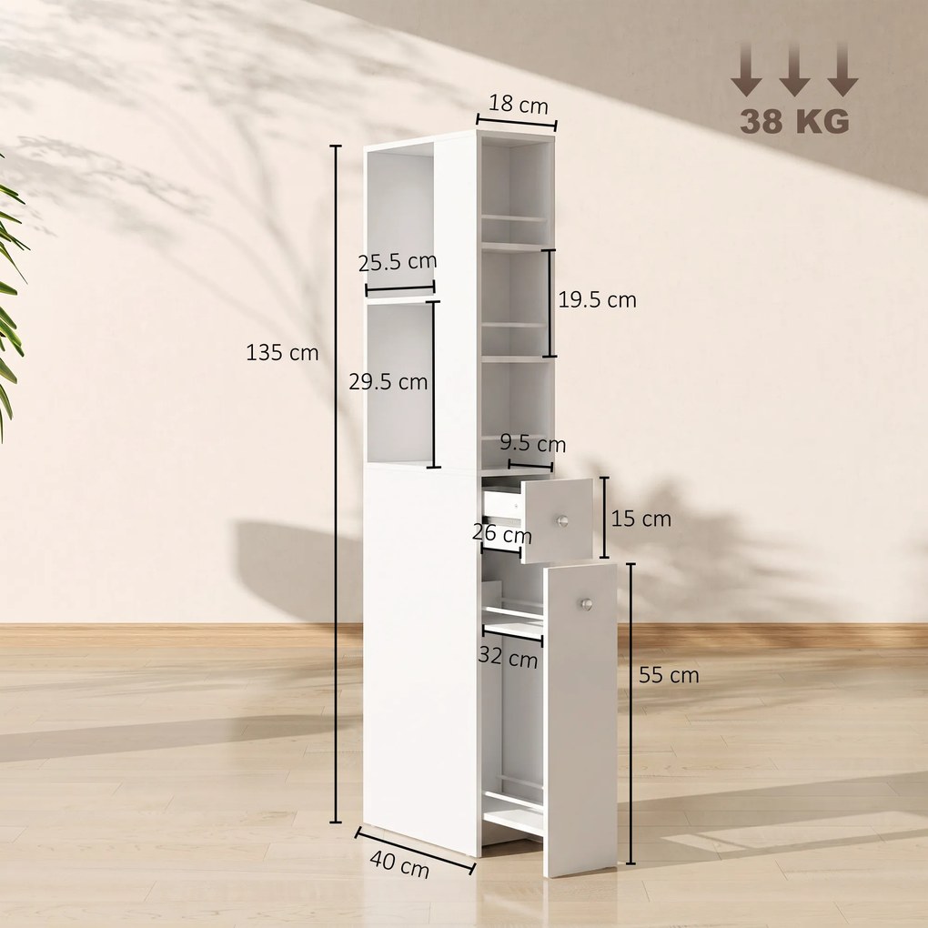 HOMCOM Dulap de Baie Înalt și Îngust cu 2 Sertare, 135 cm, Alb | Aosom Romania