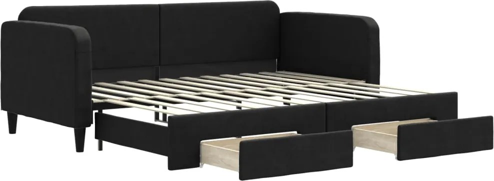 vidaXL Pat de zi cu extensie și sertare, negru, 90x200 cm, textil