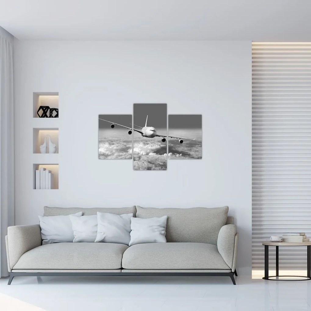 Tablou - Avion în nori, alb și negru (90x60 cm)