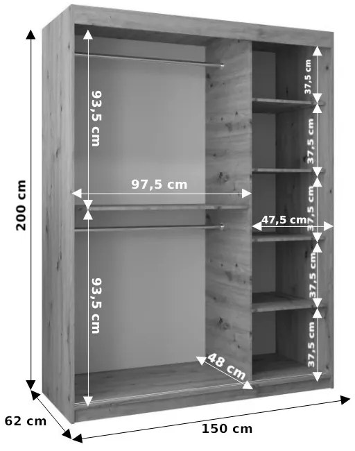Dulap de haine 150 cm Eclipse (Stejar artisan + Alb mat). 1063407
