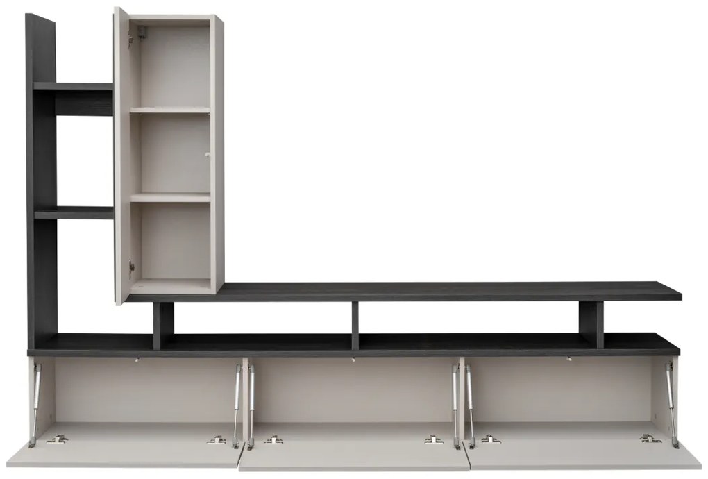 Mobila Living modern, casmir bej inchis stejar grafit, 210 cm lungime x35 cm adancime, suspendata- prindere perete, usi deschidere prin apasare-push