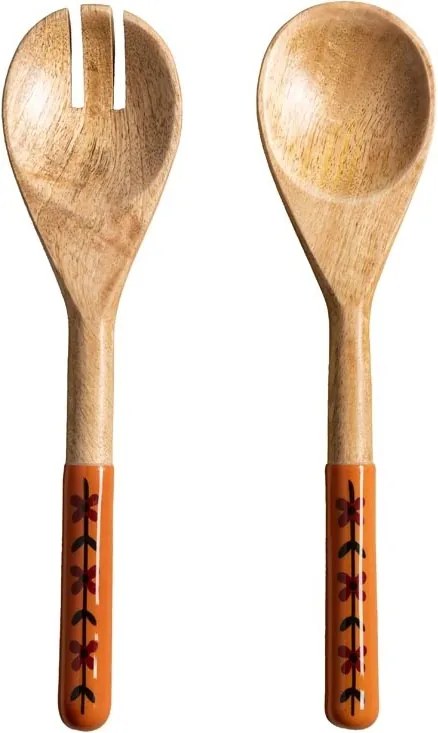 Tacâmuri pentru salată din lemn de mango, set 2 bucăți, cu mâner portocaliu pictat cu flori, 28 x 7 cm, „Hélios”