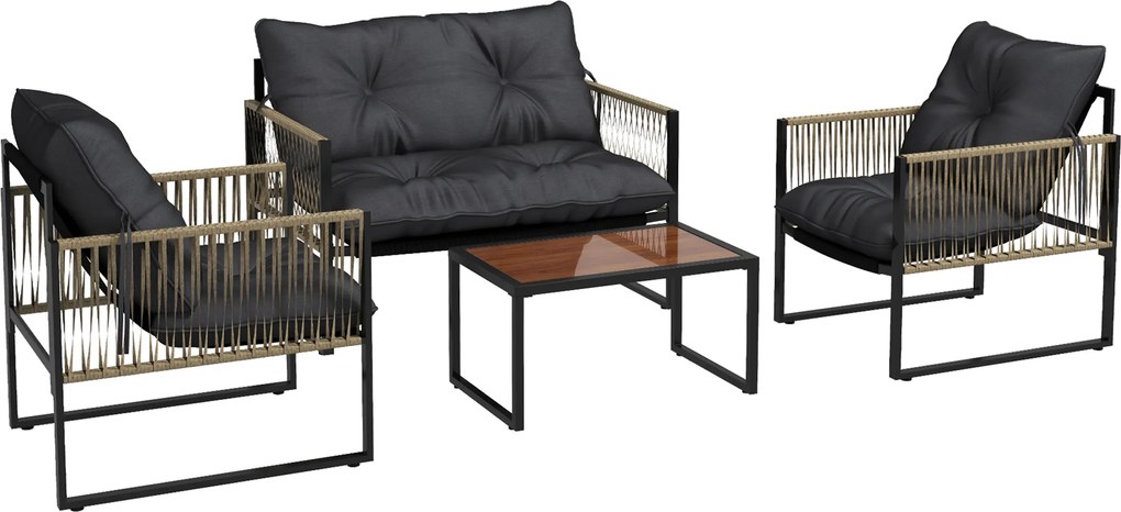 Outsunny Set de Mobilier de Grădină din 4 Piese PE Rattan cu Canapea Dublă, Fotoliu, Măsuță de Cafea din Sticlă, 106x70x72 cm, Gri