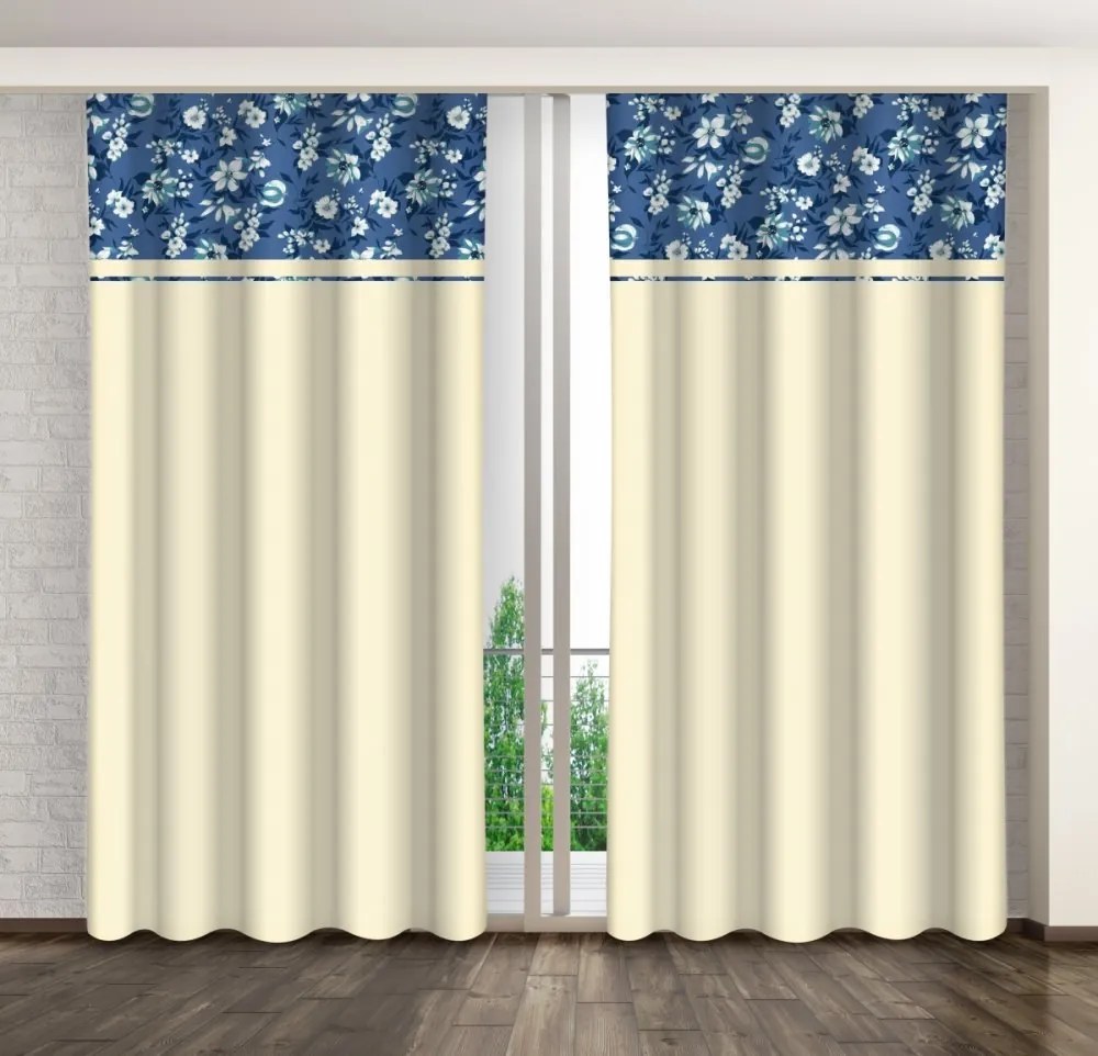 Draperie decorativă crem cu imprimare de flori albe și albastre Lățime: 160 cm | Lungime: 250 cm