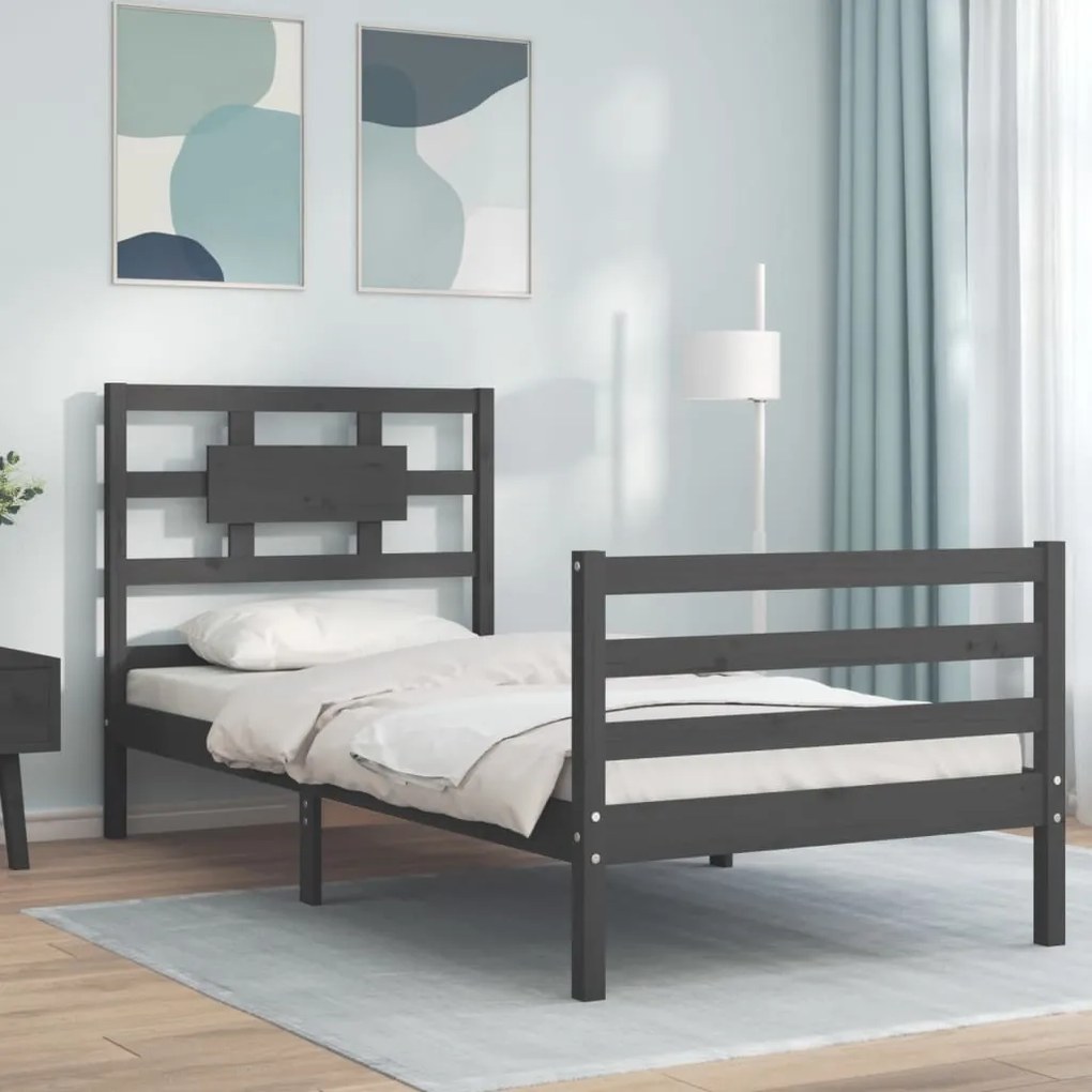 3194428 vidaXL Cadru de pat cu tăblie, gri, 90x200 cm, lemn masiv