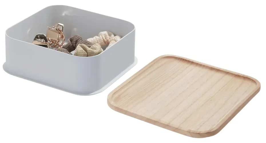 Cutie depozitare cu capac din lemn paulownia iDesign Eco, 21,3 x 21,3 cm, gri