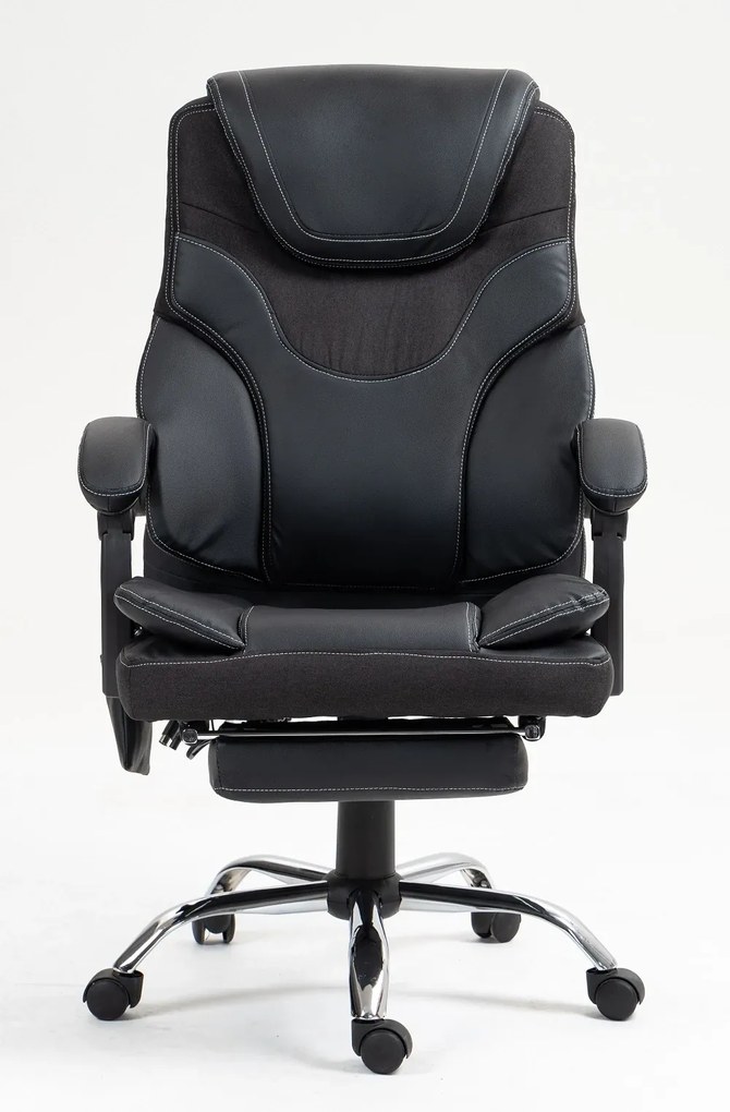 Scaun directorial cu Masaj, 7 puncte de masaj, telecomanda, suport picioare, Piele PU+Textil, Negru