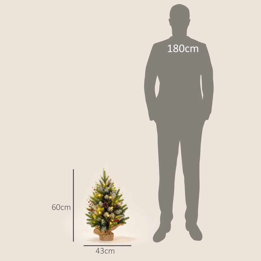 HOMCOM Mini Brad de Crăciun 60 cm cu lumini LED, 141 ramuri, conuri de pin, bobițe roșii, bază din ciment, verde | Aosom Romania