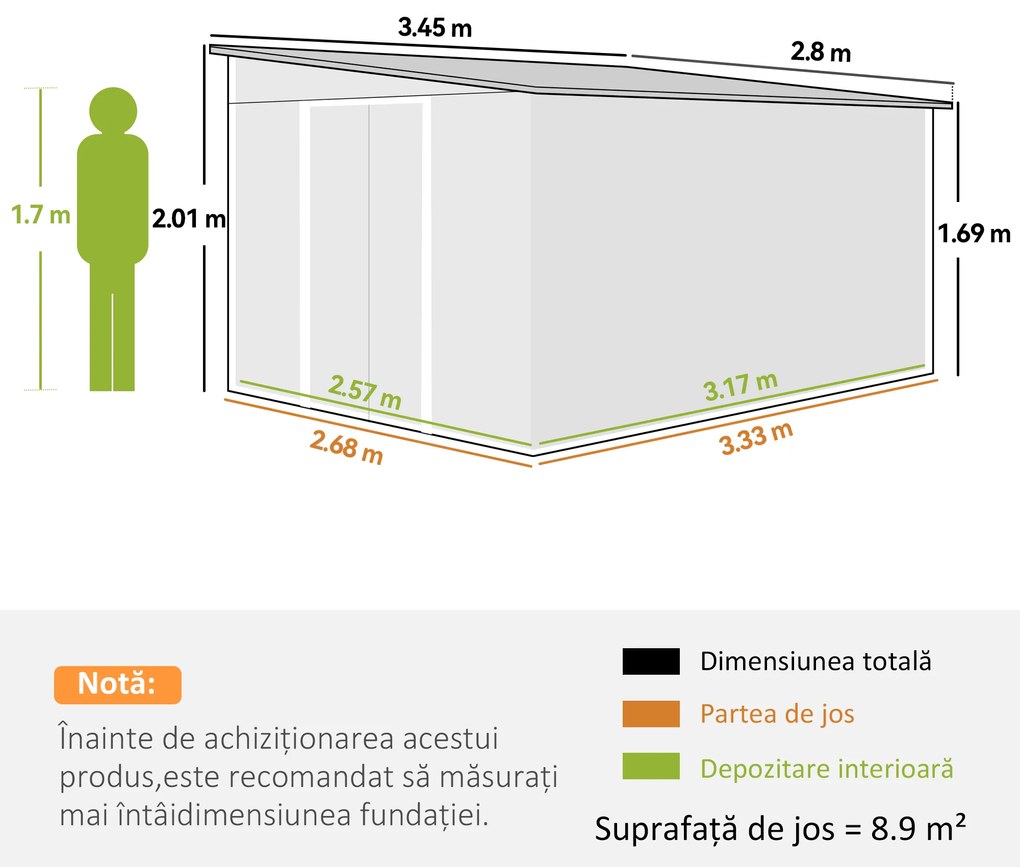 Outsunny Magazie de Gradina cu Ușa Glisantă si Orificii de Aerisire, din Oțel Galvanizat, 345x280,5x169-201cm, Negru | Aosom Romania