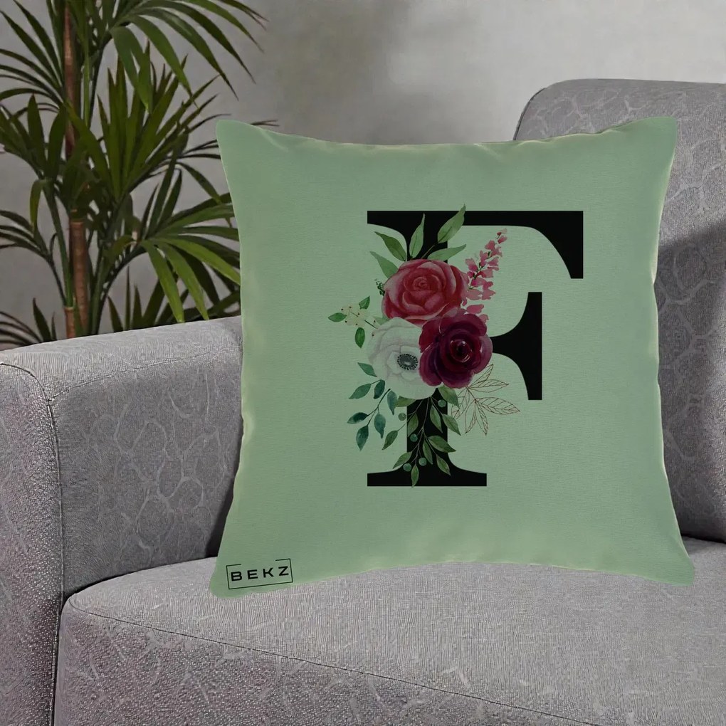 Cadou Personalizat - Perna Personalizata Monograma Florala Litera F, 40x40 cm, Verde, Husa Detasabila, Perna Inclusa, BEKZ®