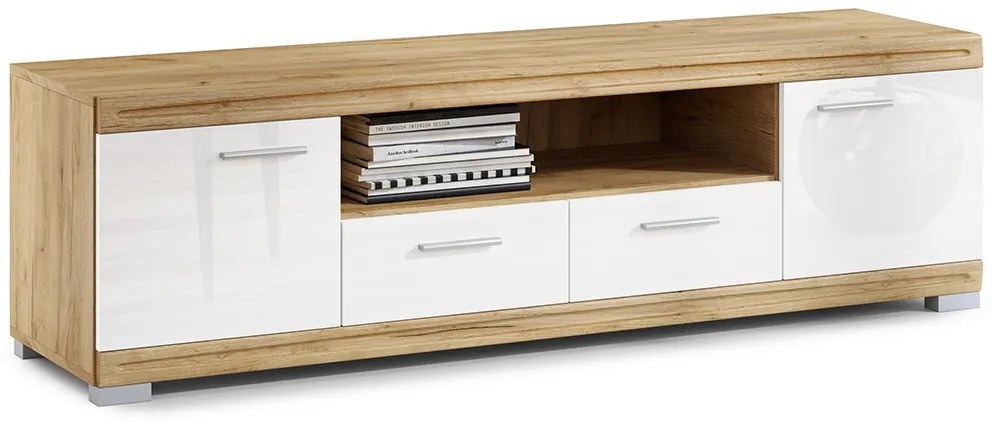 Mazzoni Mobilier perete SIMPLE Stejar Craft Auriu/Alb Luciu - COMODĂ MARE TV VITRINĂ DOUĂ COMODE PENTRU LIVING