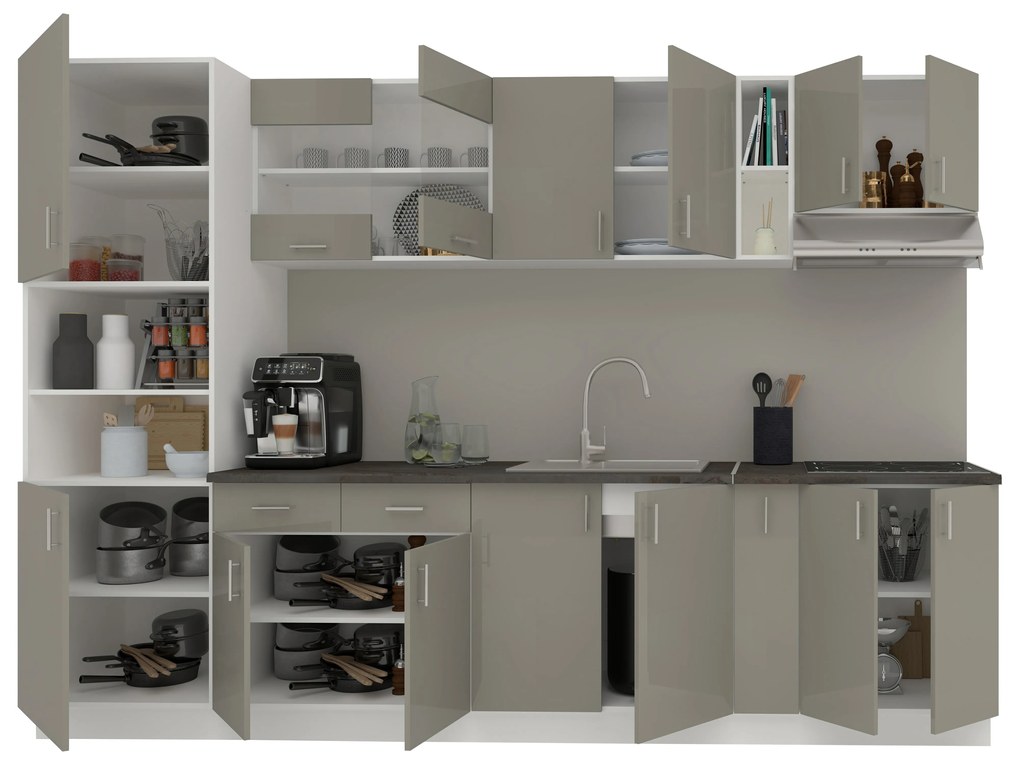 Set Bucatarie Karo V26, Gri Lucios/Alb, MDF, Blat Thermo 28 mm, L 300 cm