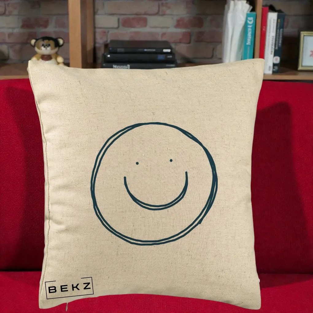 Perna Decorativa Smile Desen Minimalist, 40x40 cm, Bej, Husa Detasabila, Perna Inclusa, BEKZ®