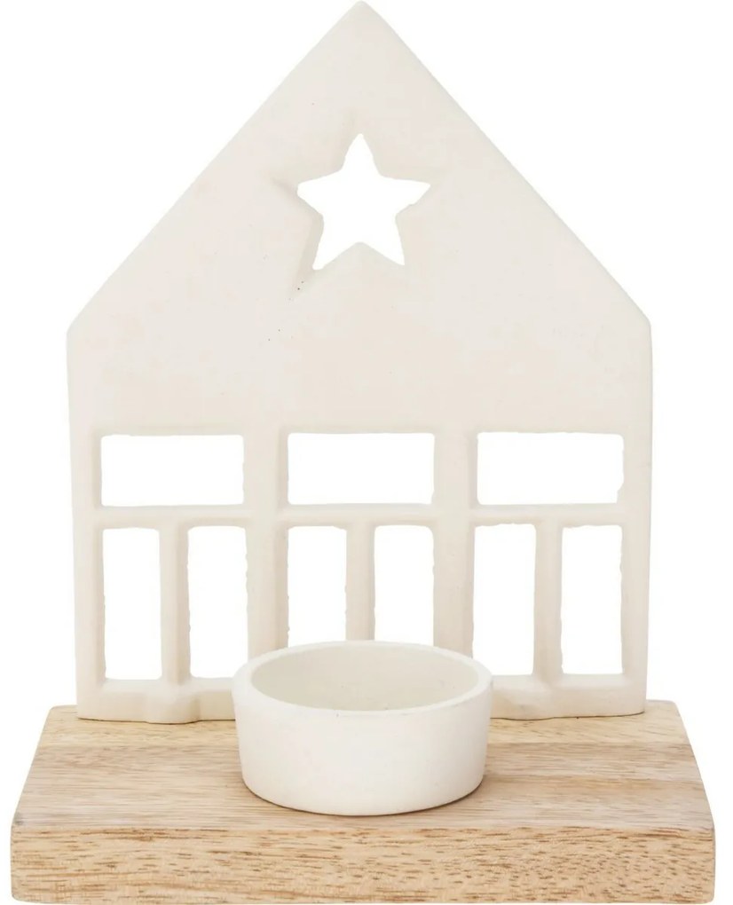 Suport decorativ pentru lumânări Casa cu stea alb,13 x 19 x 8 cm