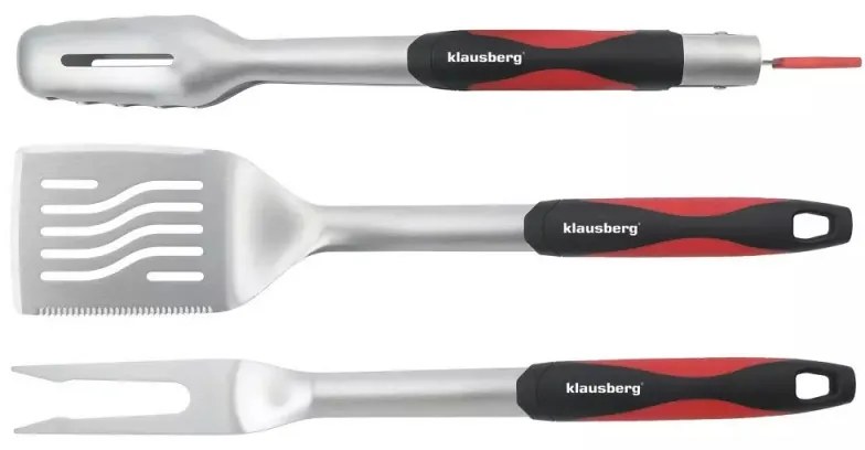 Set 3 ustensile pentru gratar Klausberg BBQ KB 7899, Cleste, Furculita, Spatula, Orificiu de agatat, Otel inoxidabil, Negru/Rosu