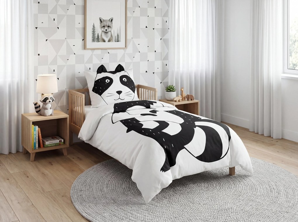 Lenjerie de pat din bumbac pentru patut RACCOON negru-alb Dimensiune lenjerie de pat: 40 x 60 cm | 100 x 135 cm