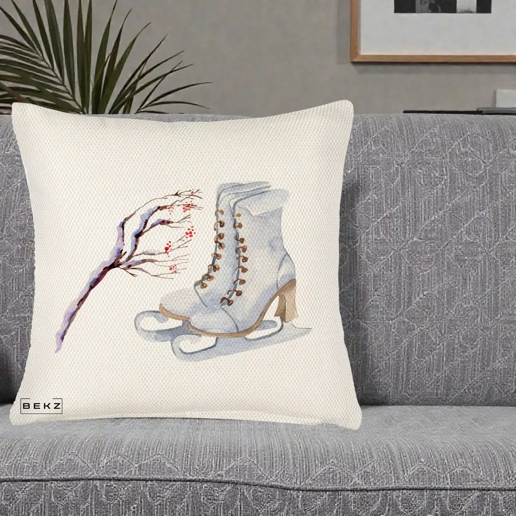 Perna Decorativa Patine cu Ramuri Inzapezite, 40x40 cm, Crem Reliefat, Husa Detasabila, Perna Inclusa, BEKZ®