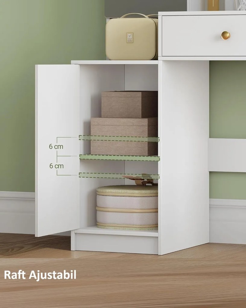 SEA7 - Set Masa toaleta 140 cm, 6 Sertare, rafturi, Oglinda cu LED, Organizator Bijuterii, masuta vanity, make-up, Design Unic - Alb - Auriu