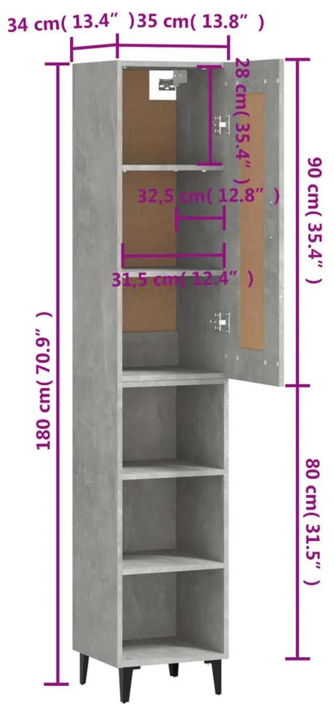 Dulap inalt,Beton Gri, 35x34x180 cm, lemn compozit 1, Gri beton, 3 Rafturi