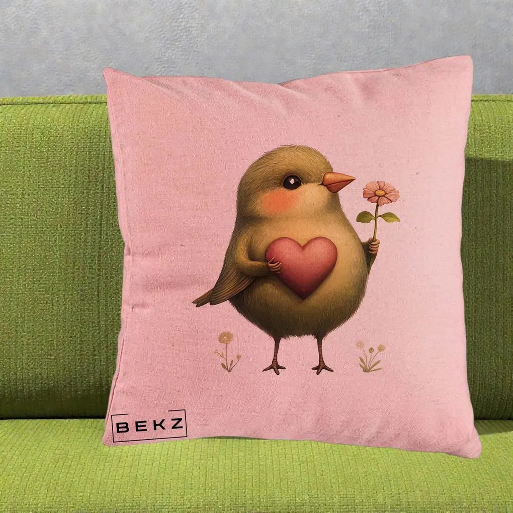 Perna Decorativa Pasare Verde cu Inima si Floare, 40x40 cm, Roz, Husa Detasabila, Perna Inclusa, BEKZ®