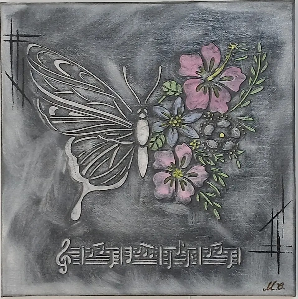 Tablou decorativ în relief 30cm x 30cm „Armonie muzicală florală” – design modern 3D, realizat manual - negru antichizat