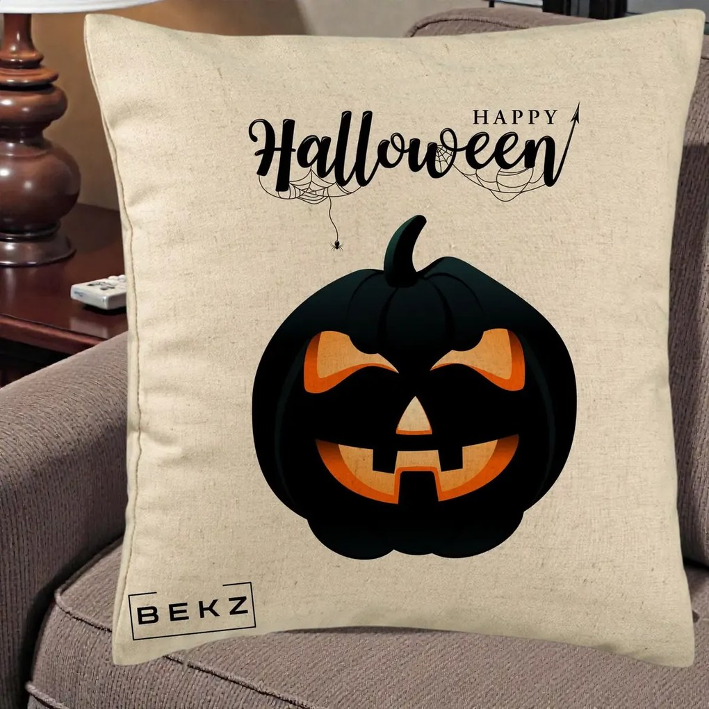 Perna Decorativa Happy Halloween Dovleac Negru cu Paianjen, 40x40 cm, Bej, Husa Detasabila, Perna Inclusa, BEKZ®