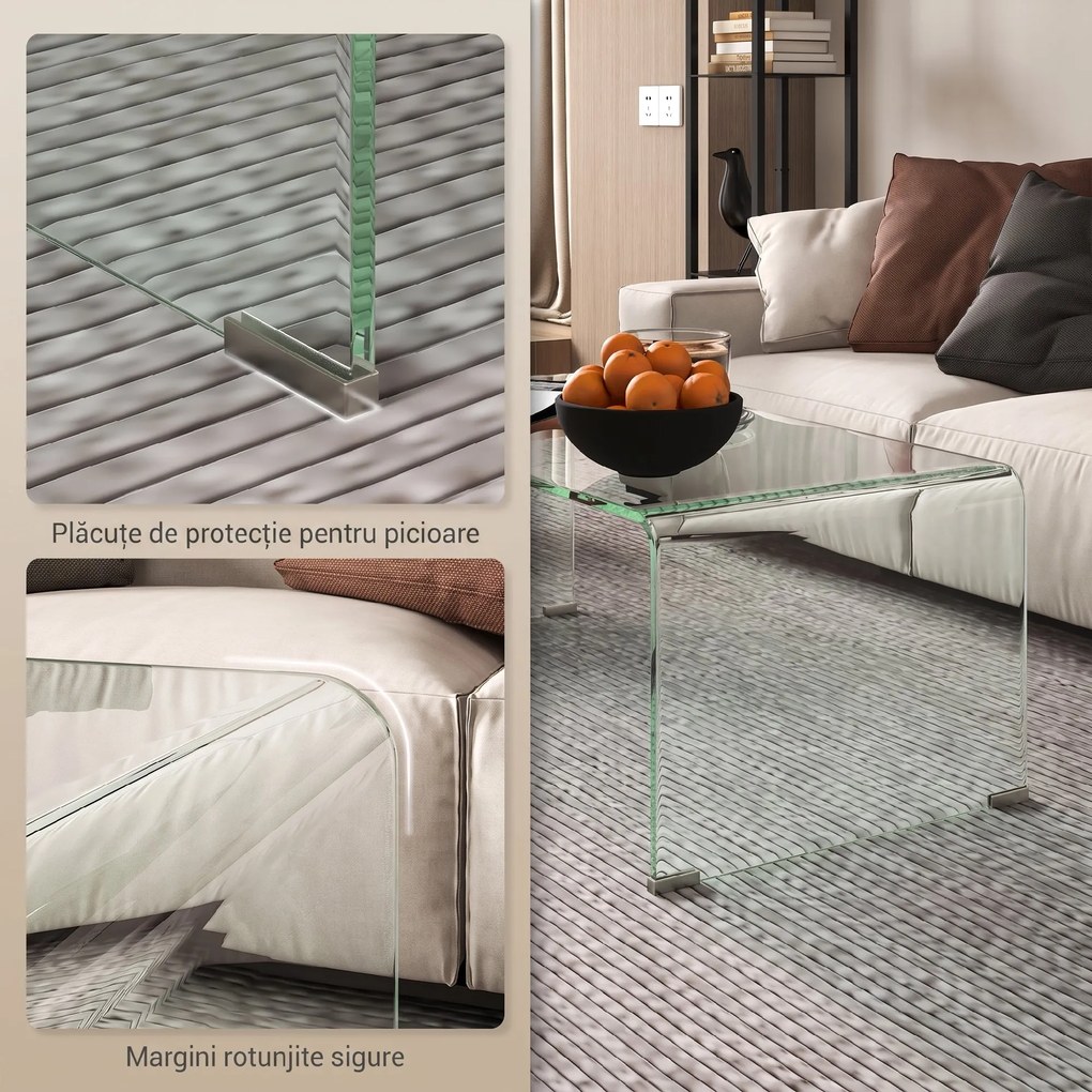 HOMCOM Măsuță din Sticlă Temperată Modernă pentru Living cu Design Monobloc, 80 x 45 x 35 cm, Transparent | Aosom Romania